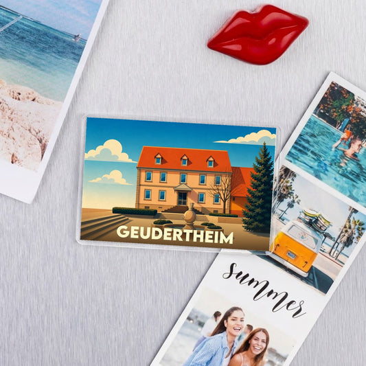 Magnet rectangulaire souvenir de la ville de Geudertheim avec une illustration stylisée.