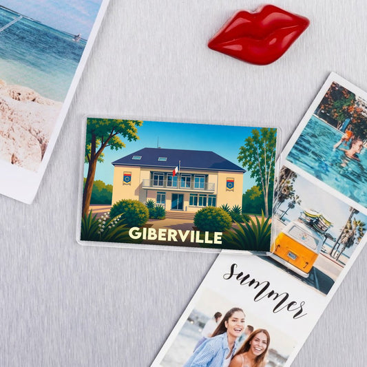 Magnet souvenir de la ville de Giberville avec une illustration stylisée de son hôtel de ville.