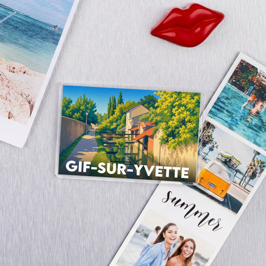 Magnet souvenir de la ville de Gif-sur-Yvette avec une illustration colorée et stylisée.