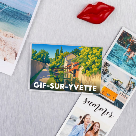 Magnet souvenir de la ville de Gif-sur-Yvette avec une illustration colorée et stylisée.