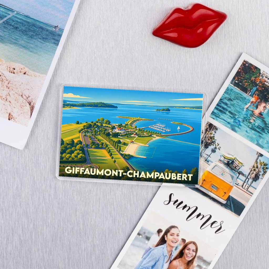 Magnet souvenir de la ville de Giffaumont-Champaubert avec une illustration stylisée du lac du Der.