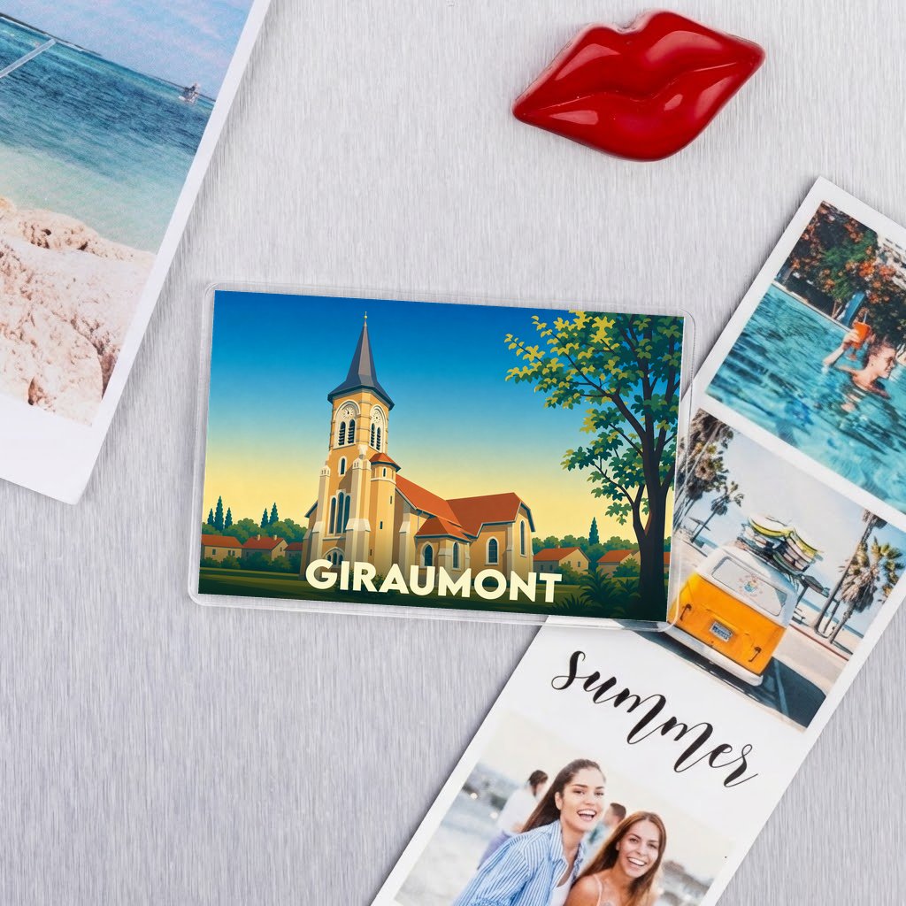 Magnet souvenir de la ville de Giraumont avec une illustration stylisée de son église.