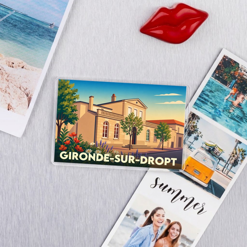 Magnet souvenir de la ville de Gironde-sur-Dropt avec une illustration stylisée d'un bâtiment historique.