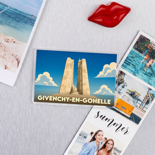 Magnet souvenir de la ville de Givenchy-en-Gohelle représentant le mémorial de Vimy avec une illustration stylisée.