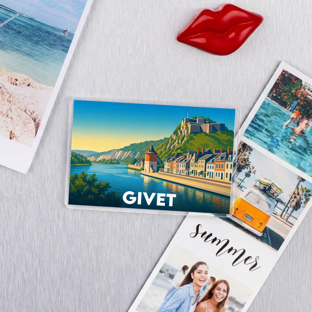Magnet souvenir de la ville de Givet avec une illustration stylisée des bords de Meuse et de la citadelle.