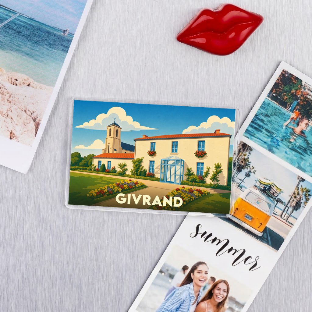 Magnet souvenir de la ville de Givrand avec une illustration stylisée.