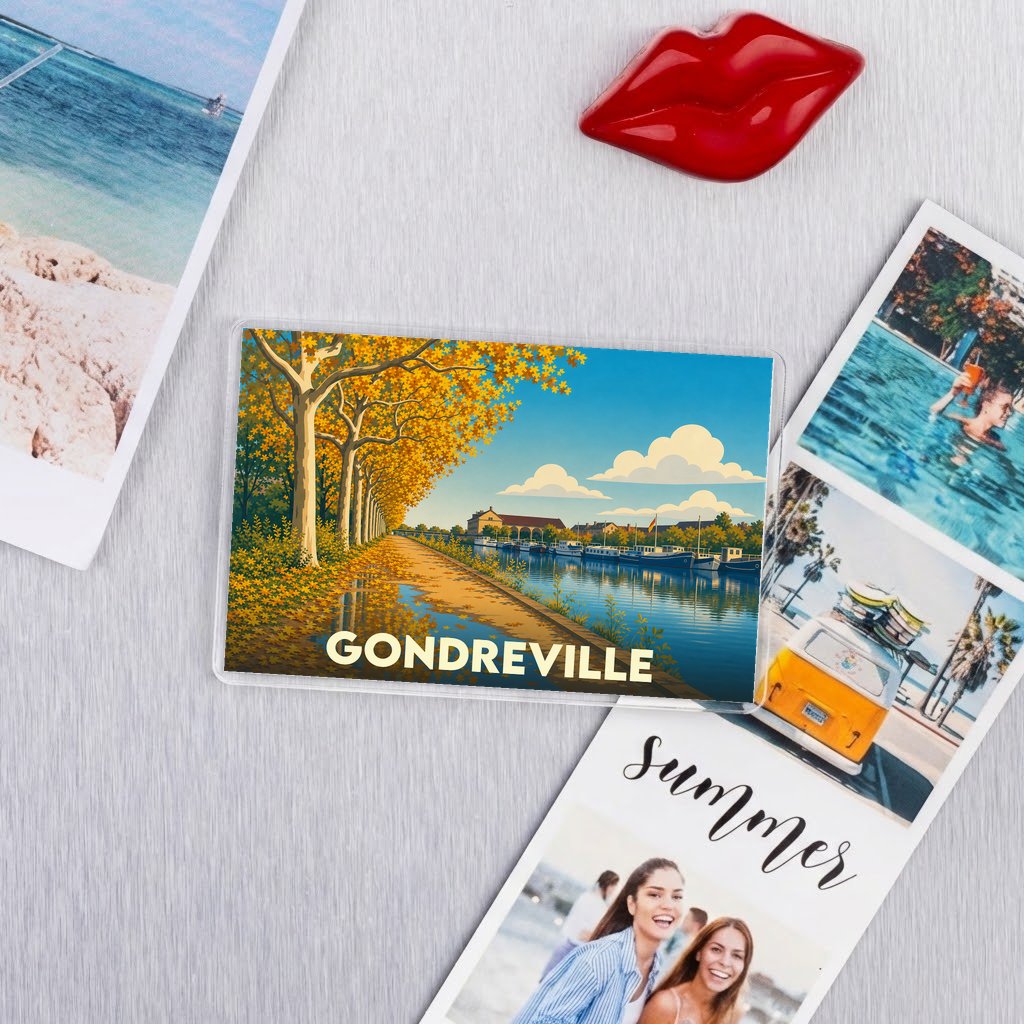 Magnet souvenir de la ville de Gondreville avec une illustration automnale stylisée.