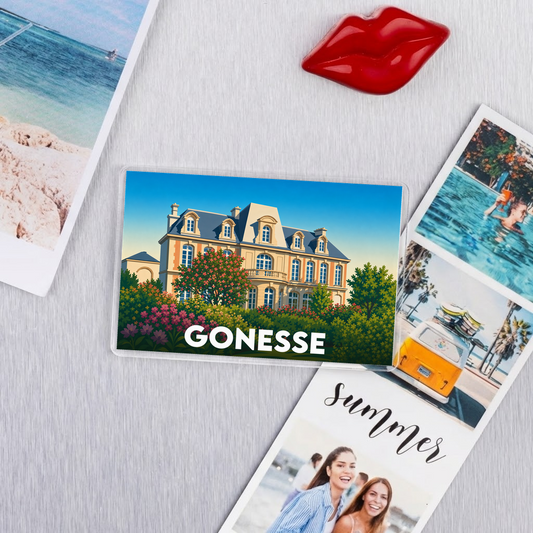 Magnet souvenir de la ville de Gonesse illustrant une demeure historique entourée de fleurs.