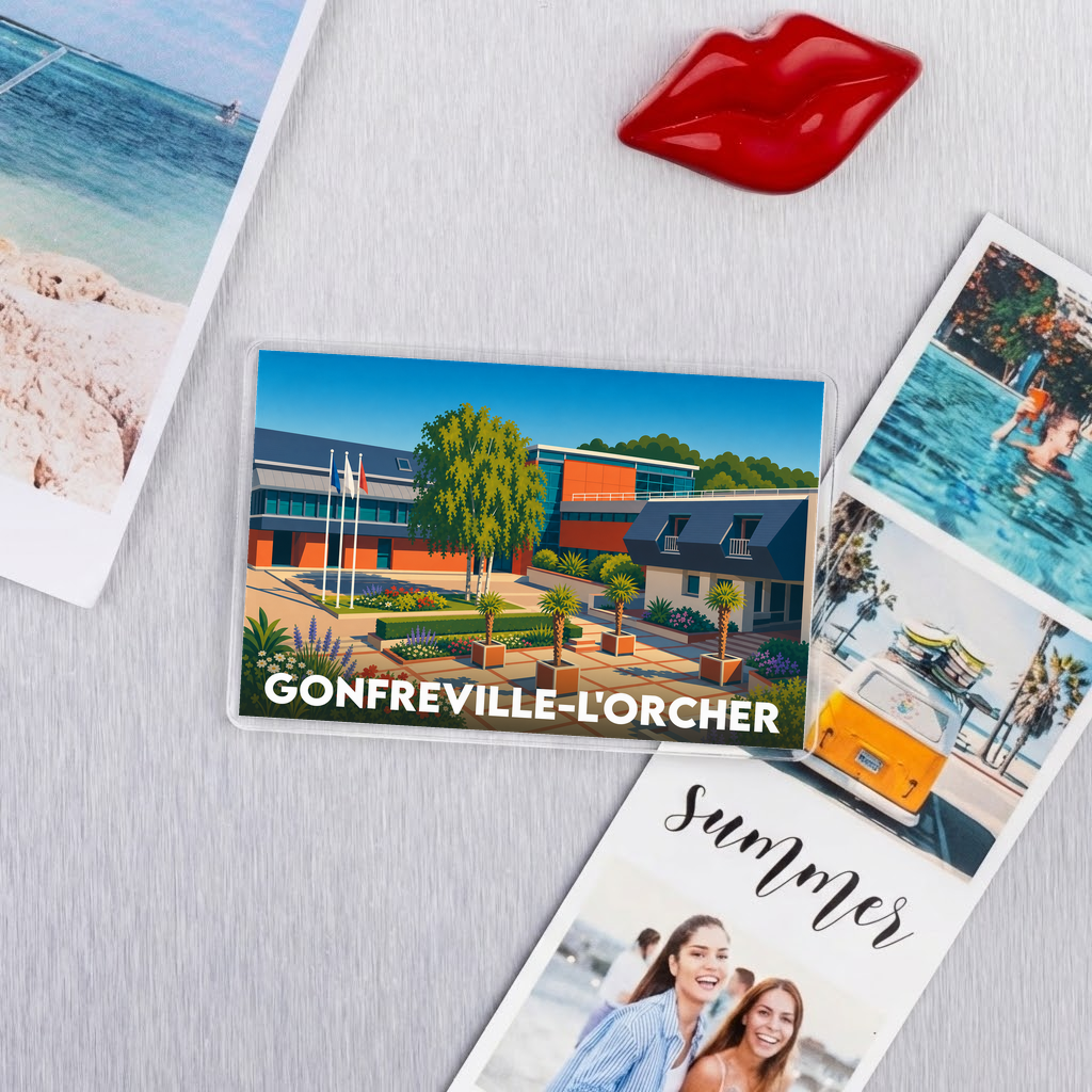 Magnet souvenir de la ville de Gonfreville-l'Orcher avec une illustration stylisée de son architecture.
