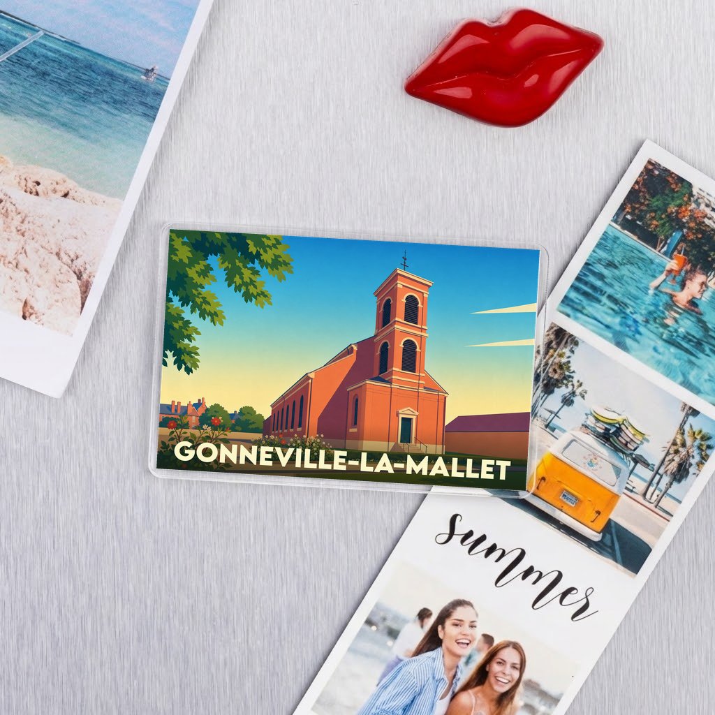 Magnet souvenir de la ville de Gonneville-la-Mallet avec une illustration stylisée de son église.