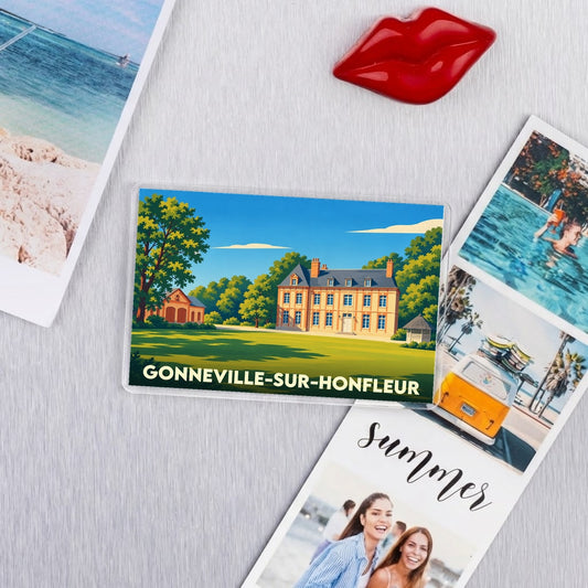Magnet souvenir de Gonneville-sur-Honfleur illustrant un château normand dans un style graphique épuré.