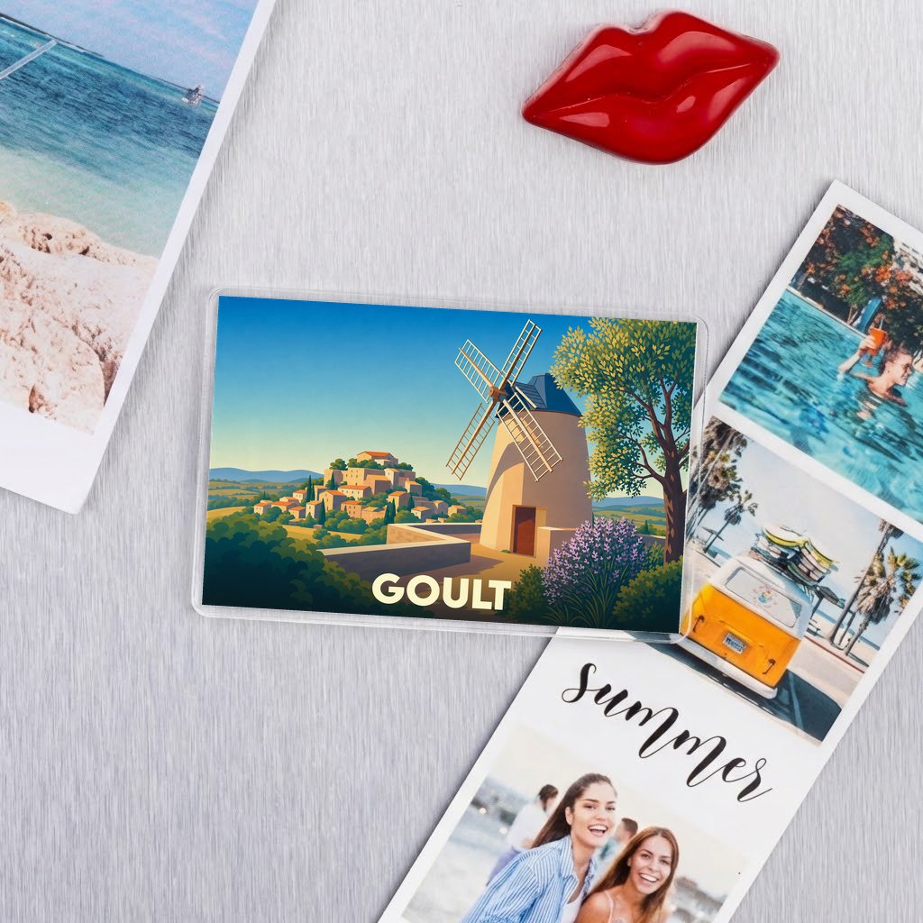 Magnet souvenir de la ville de Goult avec une illustration stylisée d'un moulin à vent.