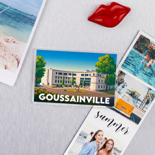 Magnet souvenir de la ville de Goussainville avec une illustration stylisée de son architecture.