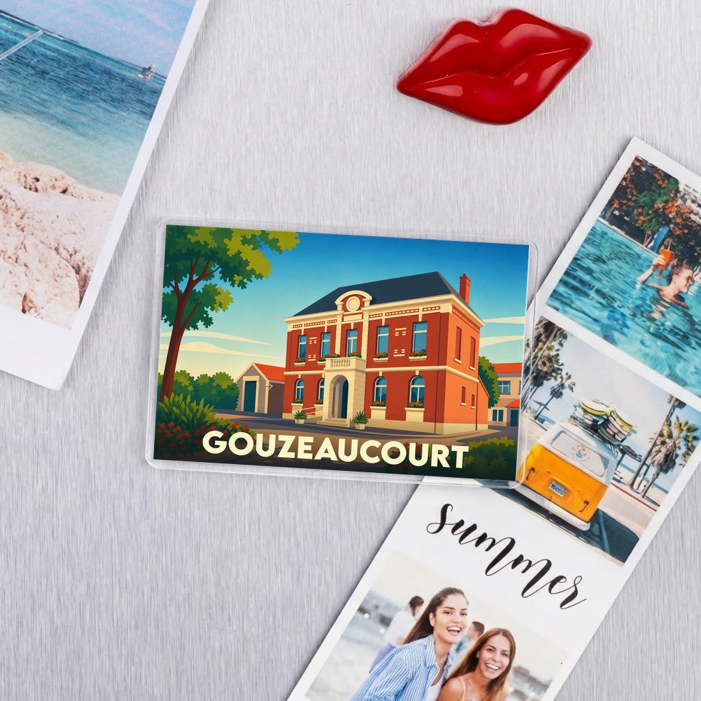 Magnet souvenir de la ville de Gouzeaucourt avec une illustration stylisée de son hôtel de ville.