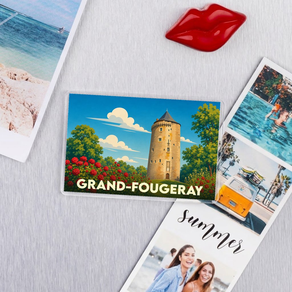 Magnet souvenir de la ville de Grand-Fougeray avec une illustration stylisée de sa tour médiévale.