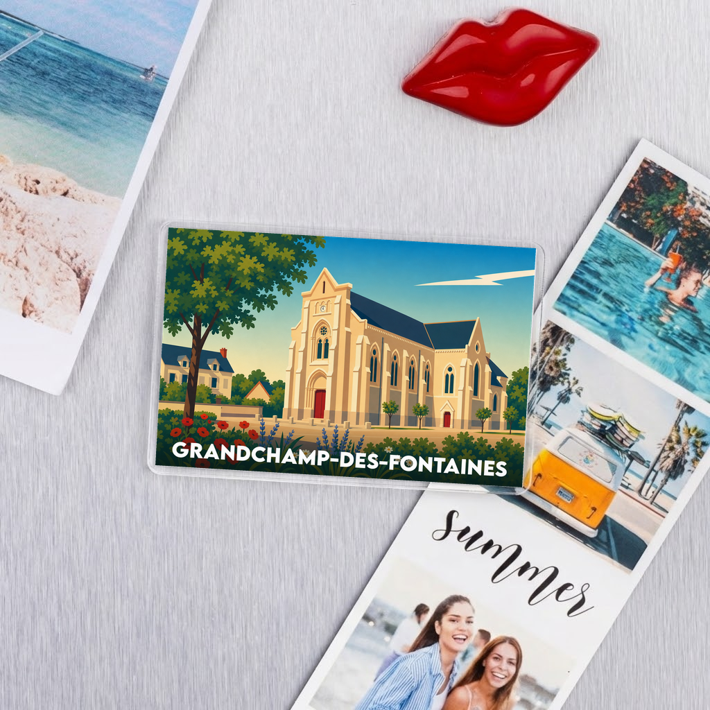 Magnet souvenir de la ville de Grandchamp-des-Fontaines avec une illustration stylisée de son église.