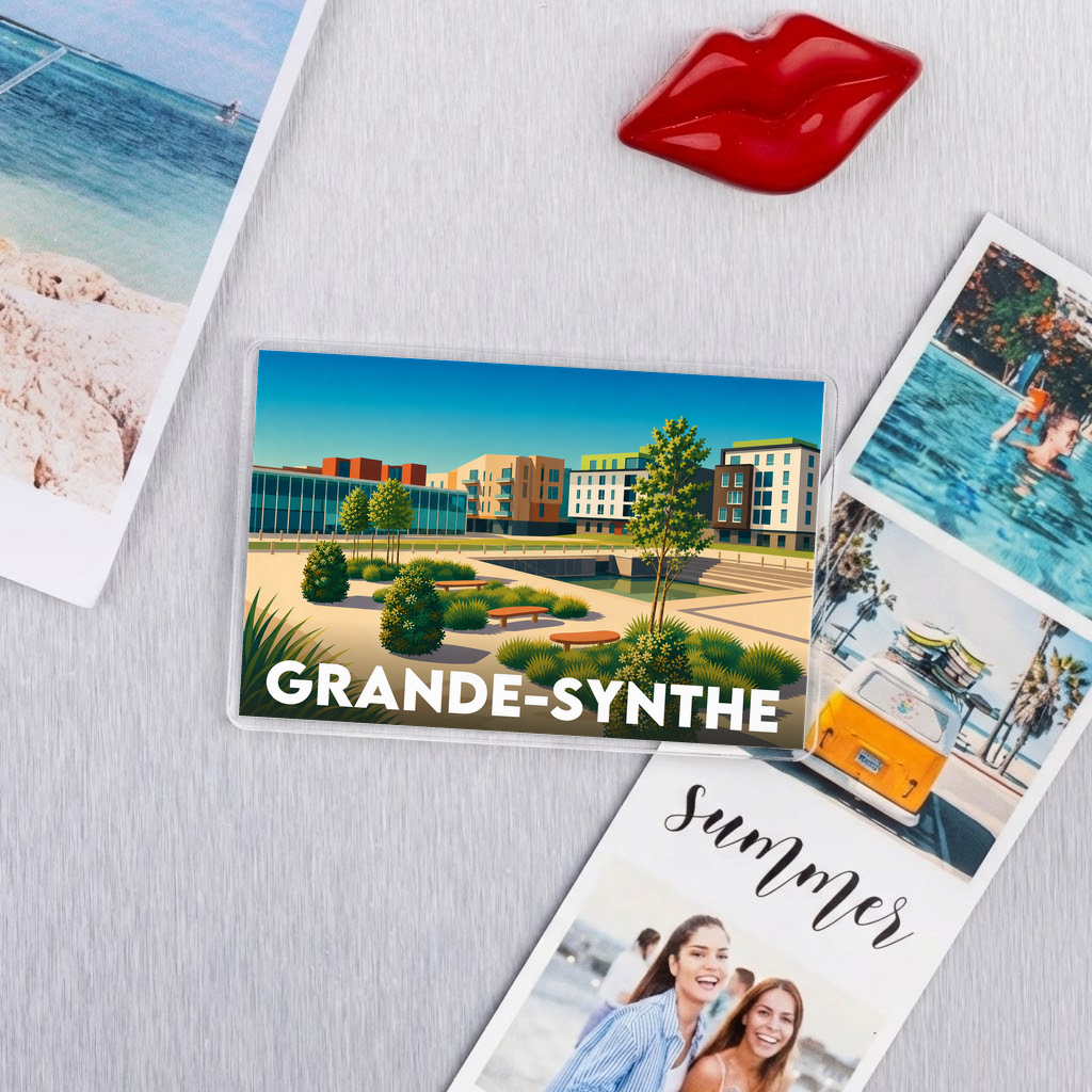 Magnet souvenir de la ville de Grande-Synthe avec une illustration stylisée.