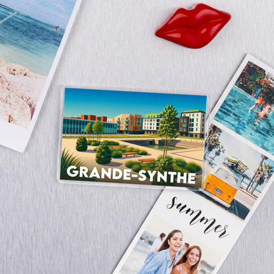 Magnet souvenir de la ville de Grande-Synthe avec une illustration stylisée.