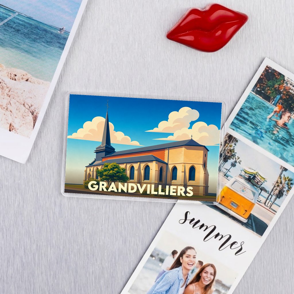 Magnet souvenir de la ville de Grandvilliers avec une illustration stylisée de son église.