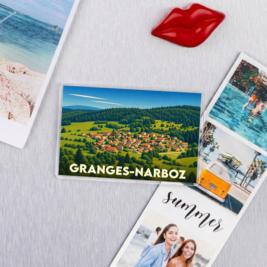 Magnet souvenir de la ville de Granges-Narboz avec une illustration stylisée de son paysage vallonné.
