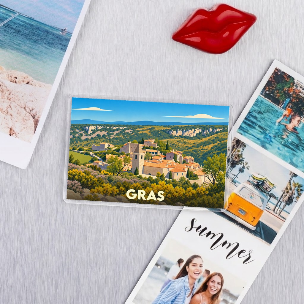 Magnet souvenir de la ville de Gras avec une illustration stylisée d'un village perché.