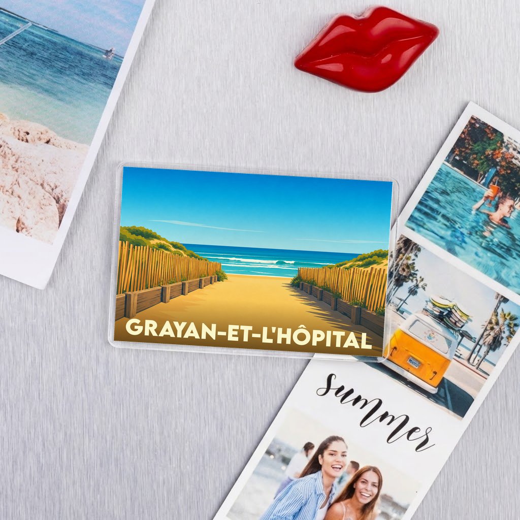 Magnet souvenir de la ville de Grayan-et-l'Hôpital avec une illustration stylisée d'un chemin menant à la plage.