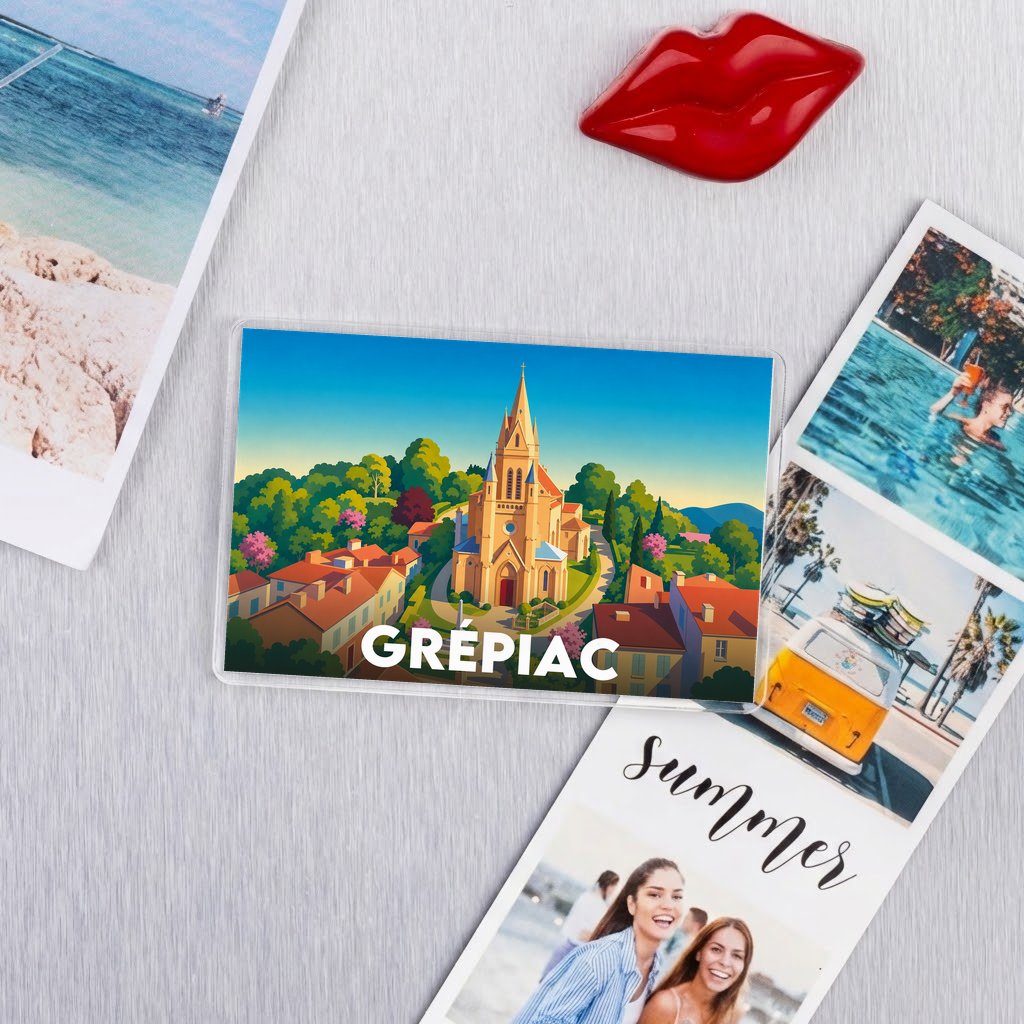 Magnet souvenir de la ville de Grépiac avec une illustration colorée et stylisée.