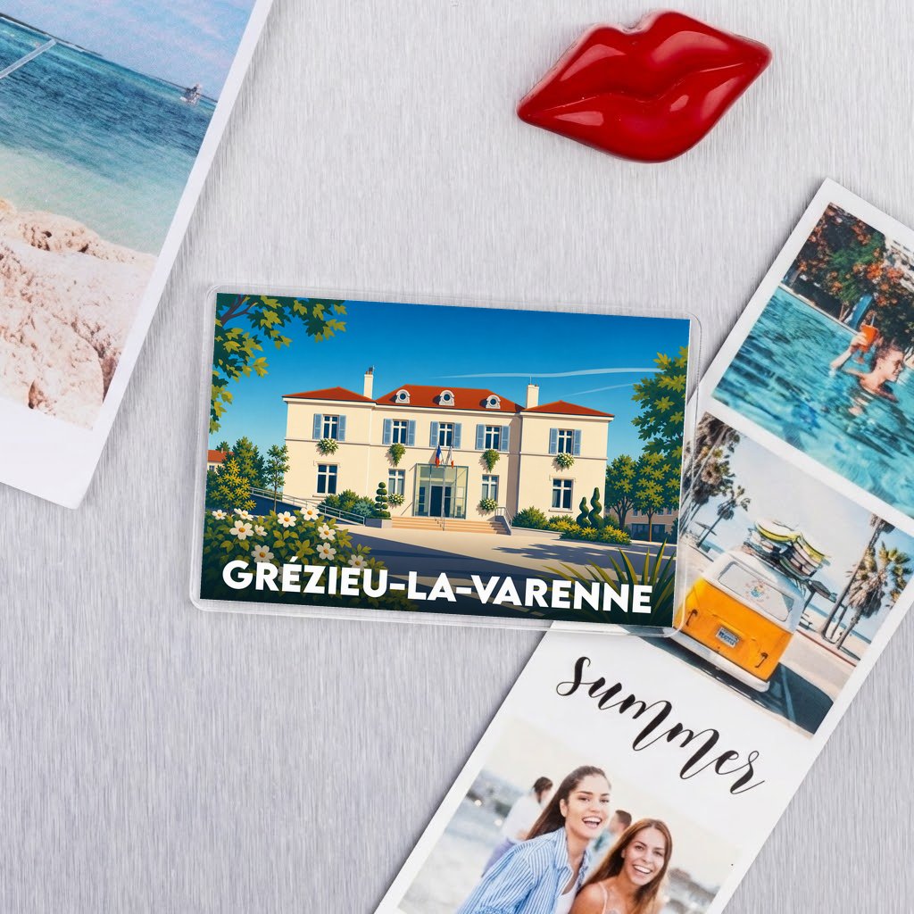 Magnet souvenir de la ville de Grézieu-la-Varenne avec une illustration stylisée de sa mairie.
