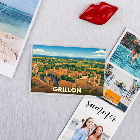 Magnet souvenir de la ville de Grillon avec une illustration panoramique stylisée.