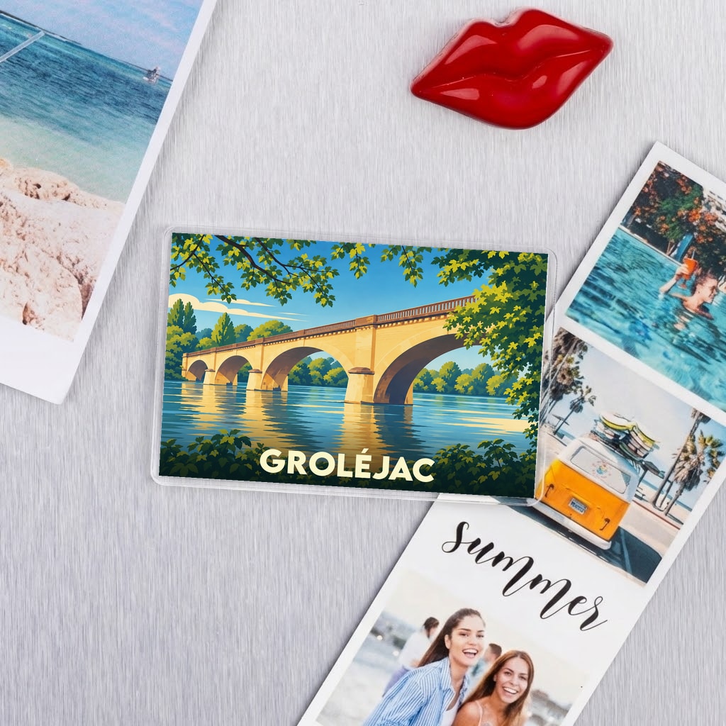 Magnet souvenir de la ville de Groléjac avec une illustration stylisée de son pont.