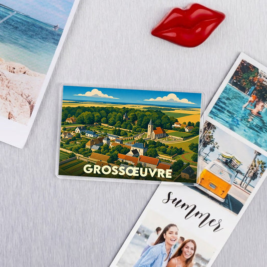 Magnet souvenir de la ville de Grossœuvre avec une illustration stylisée d'un village champêtre.