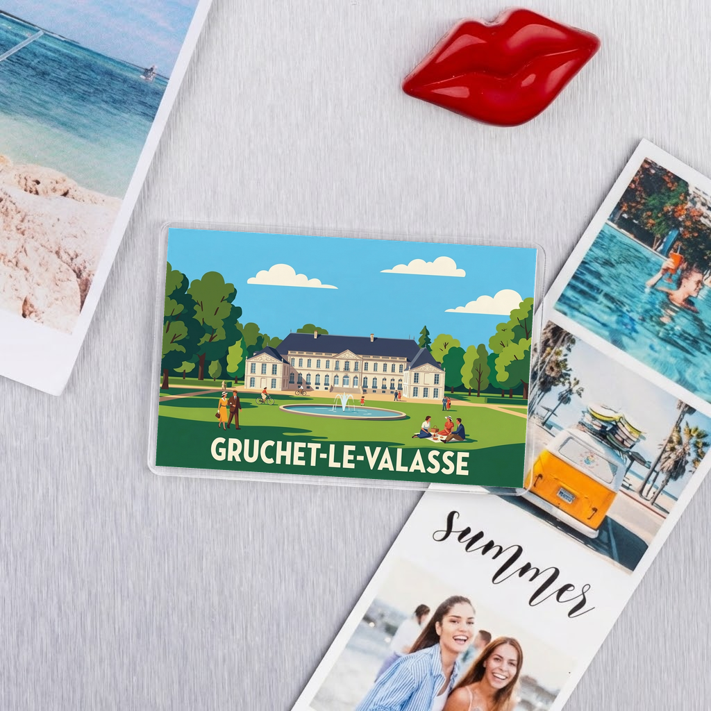 Magnet souvenir de la ville de Gruchet-le-Valasse avec une illustration stylisée.