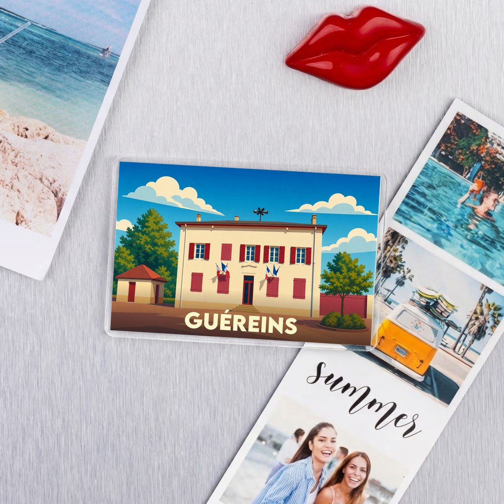 Magnet souvenir de la ville de Guéreins avec une illustration stylisée de sa mairie.