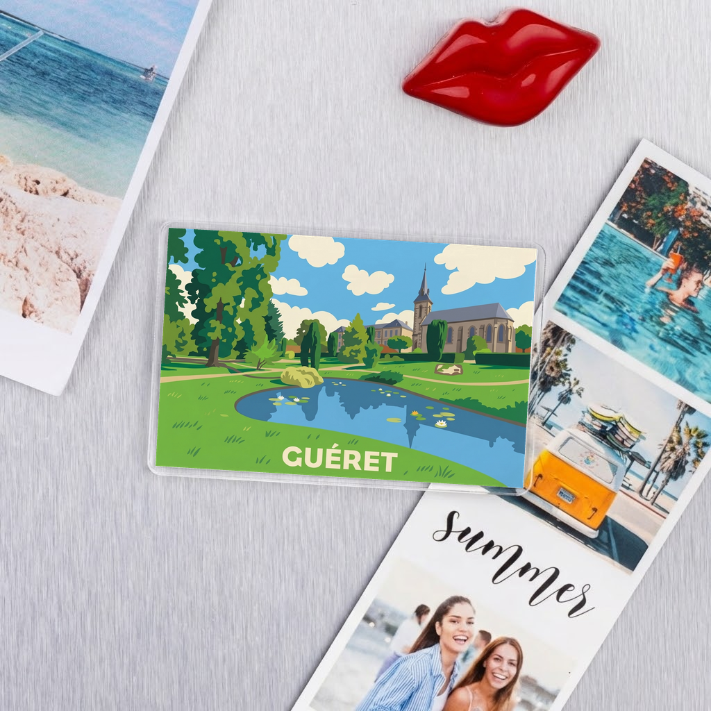 Magnet souvenir de la ville de Guéret avec une illustration stylisée d'un parc et de son église.