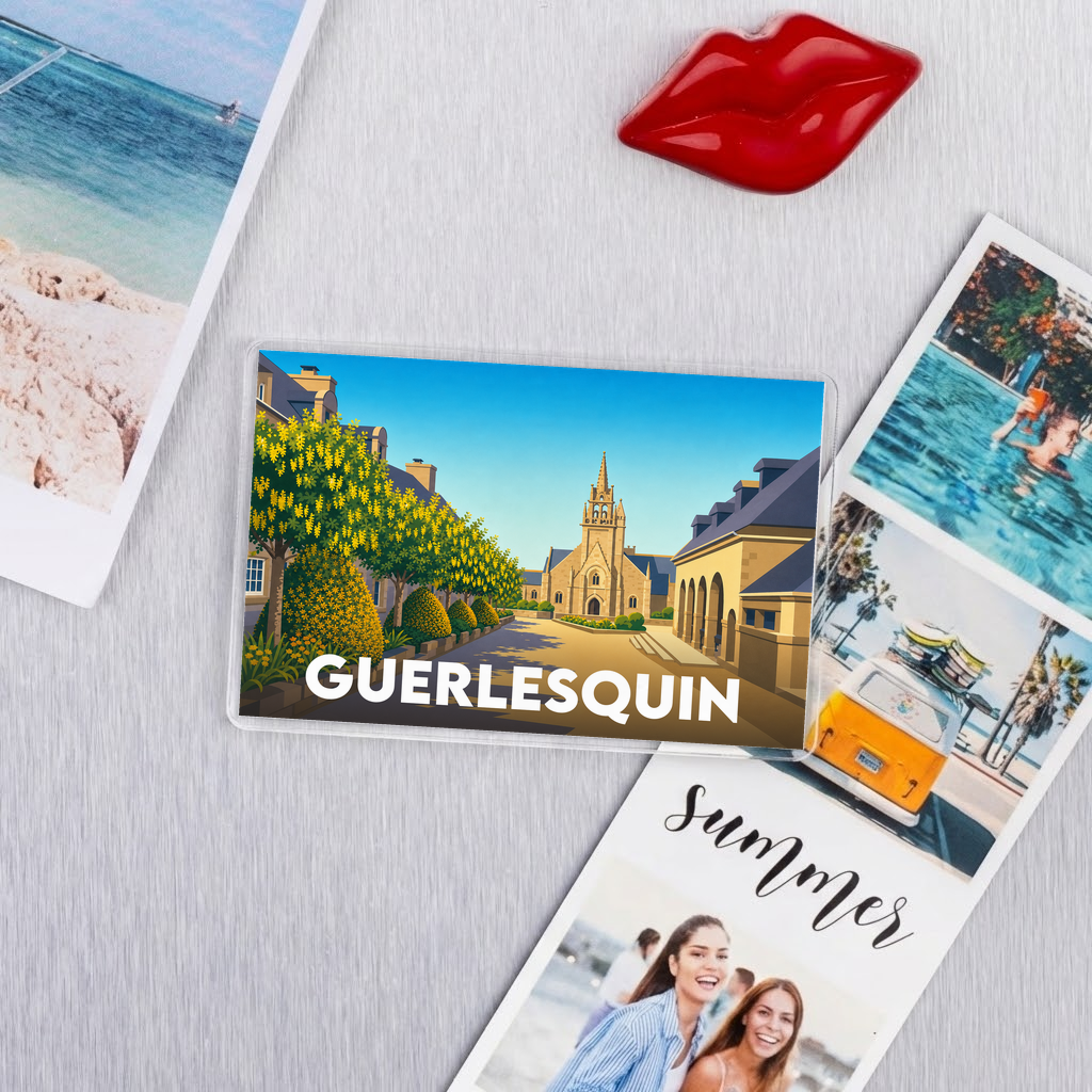 Magnet souvenir de la ville de Guerlesquin avec une illustration stylisée.