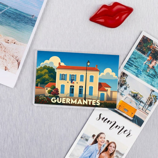 Magnet souvenir de la ville de Guermantes avec une illustration stylisée.