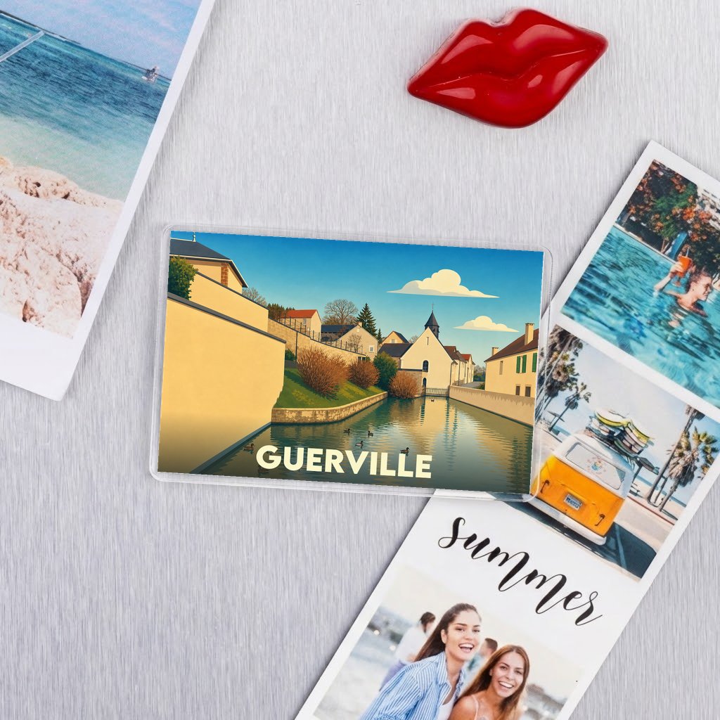 Magnet souvenir de la ville de Guerville avec une illustration stylisée.