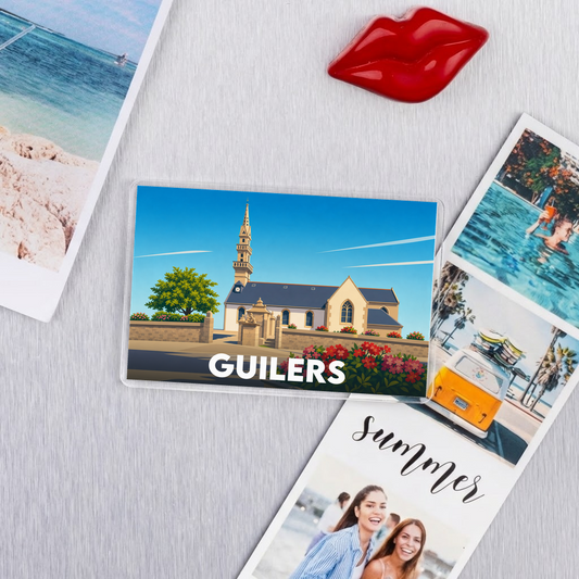 Magnet souvenir de la ville de Guilers avec une illustration stylisée de son église.