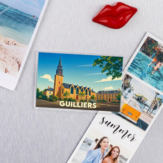 Magnet souvenir de la ville de Guilliers avec une illustration stylisée de son église.