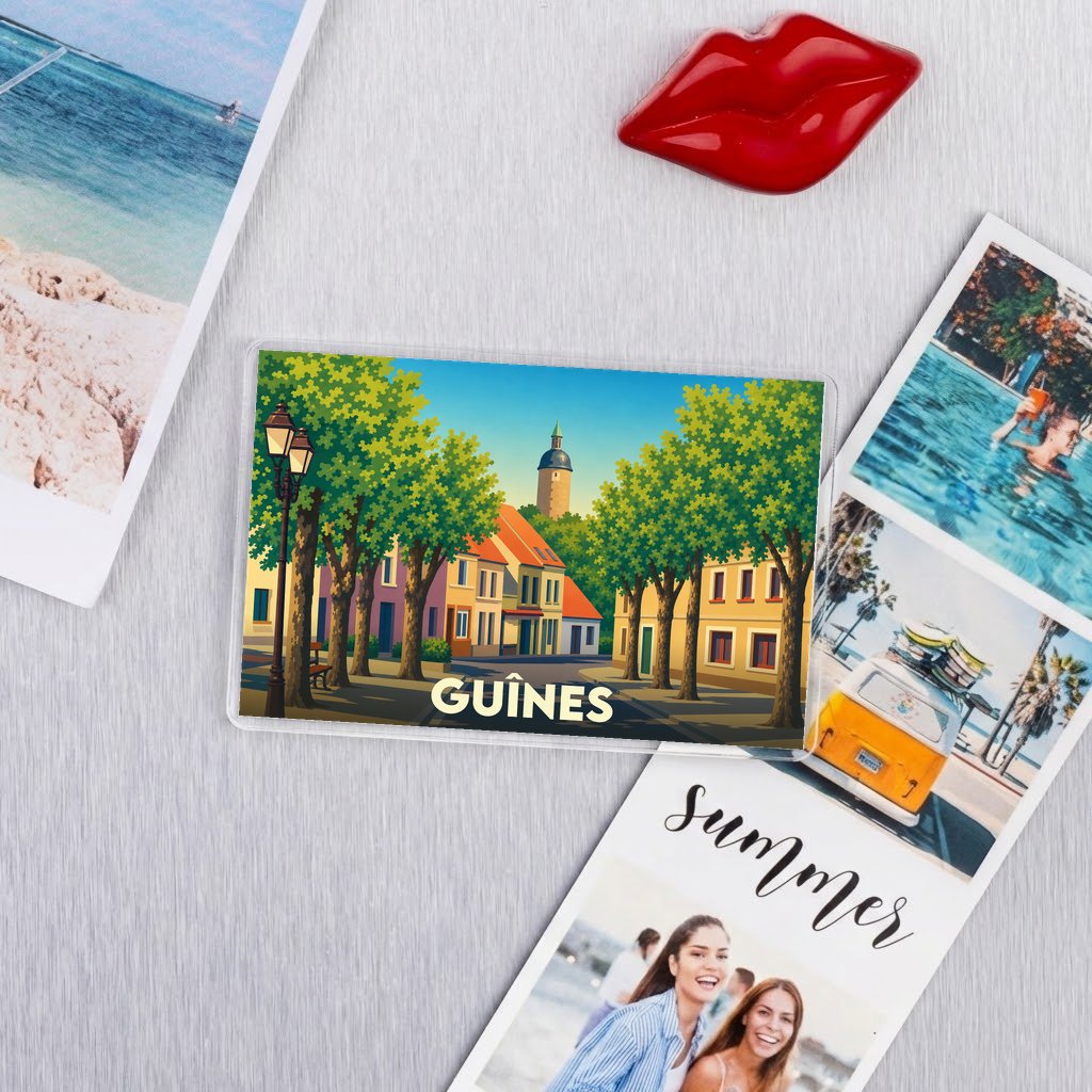 Magnet souvenir de la ville de Guînes avec une illustration colorée et stylisée.