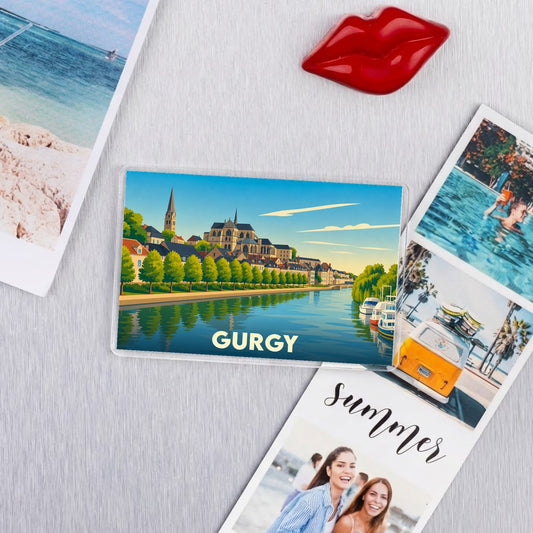Magnet souvenir de la ville de Gurgy avec une illustration stylisée des bords de l'Yonne.