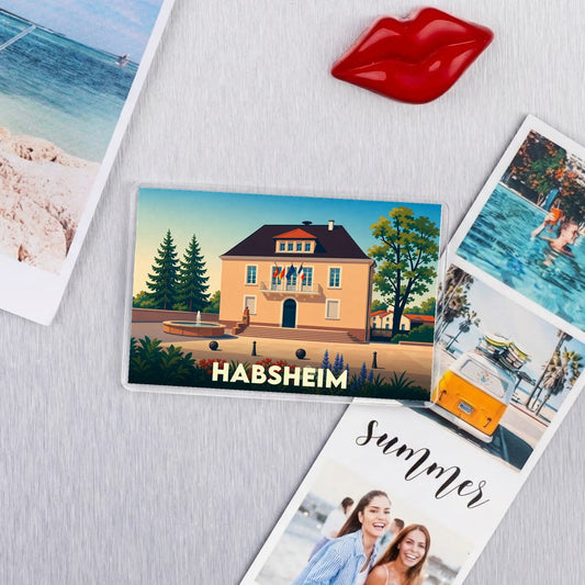 Magnet souvenir de la ville de Habsheim avec une illustration stylisée de sa mairie.