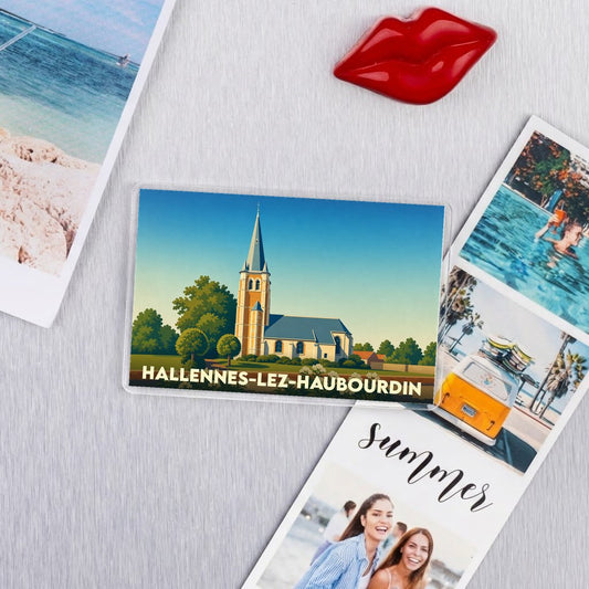 Magnet souvenir de la ville de Hallennes-lez-Haubourdin avec une illustration stylisée de son église.