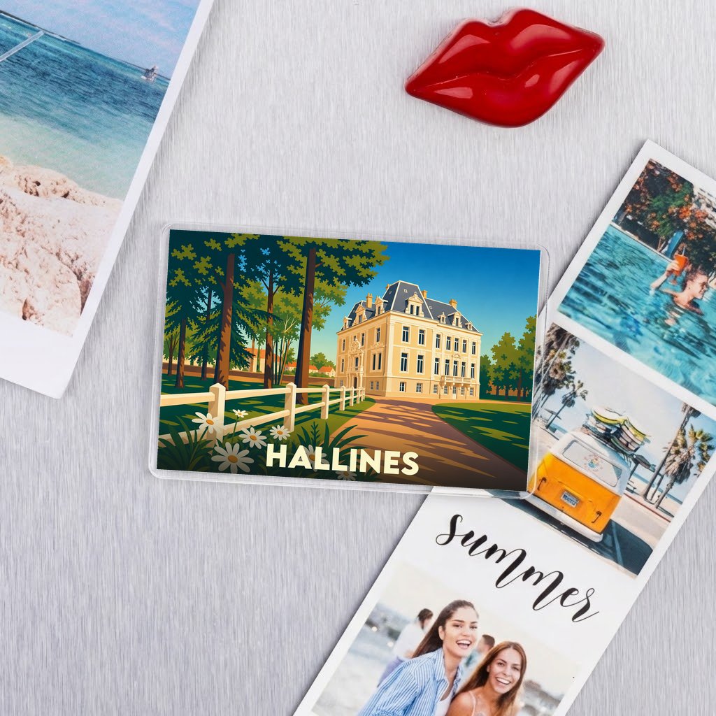 Magnet souvenir de la ville de Hallines avec une illustration stylisée d'un château.