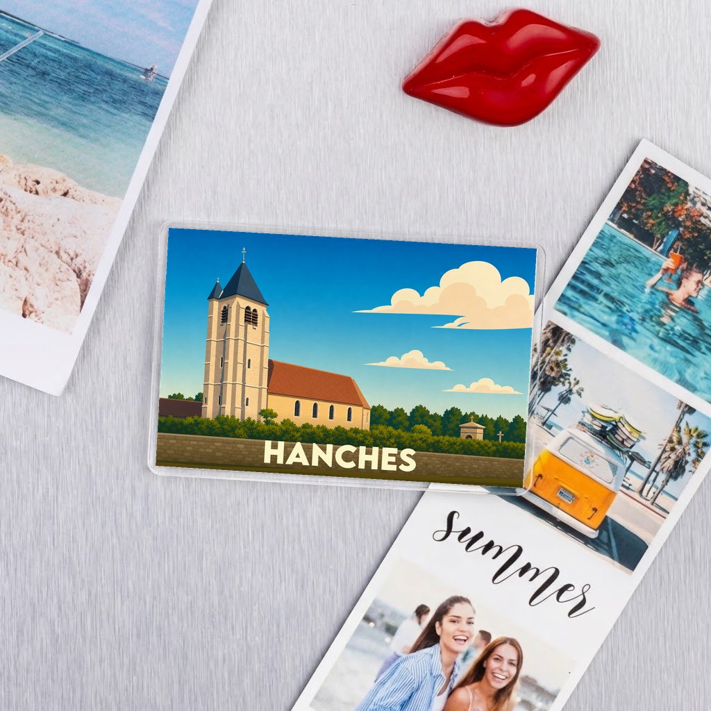 Magnet souvenir de la ville de Hanches avec une illustration stylisée de son église.