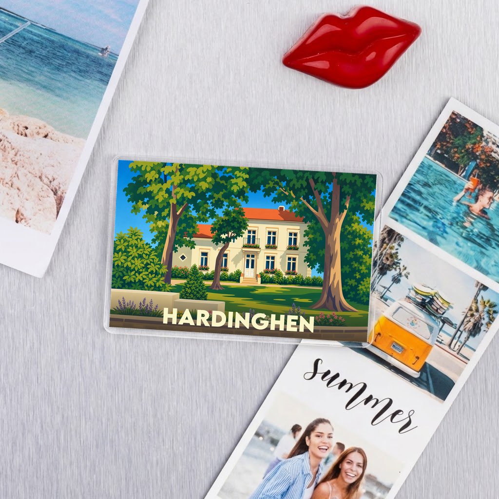 Magnet souvenir de la ville de Hardinghen avec une illustration colorée et stylisée.