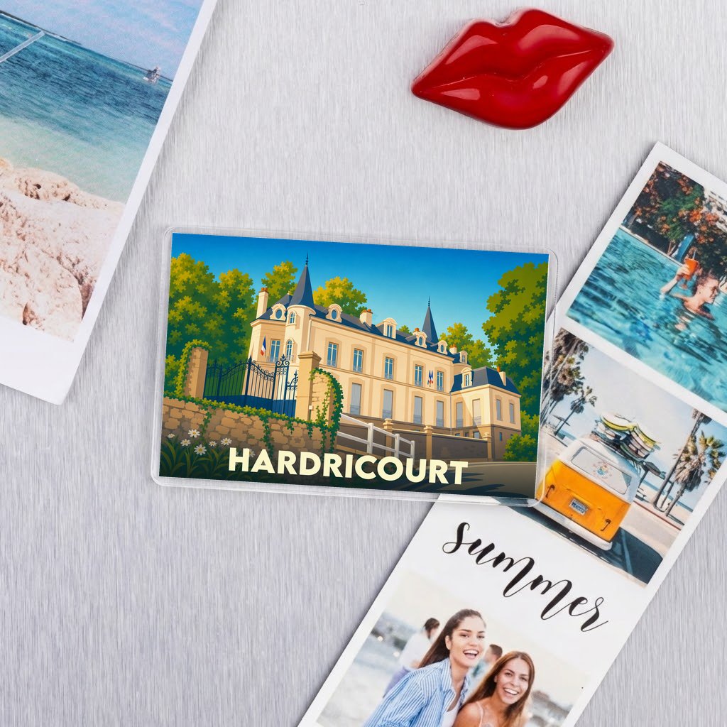 Magnet souvenir de la ville de Hardricourt avec une illustration stylisée de son château.
