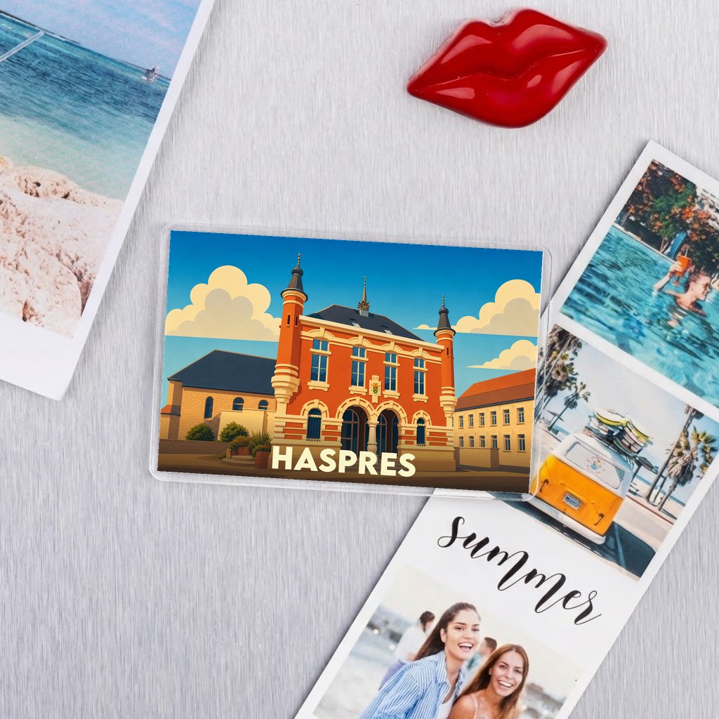 Magnet souvenir de la ville de Haspres avec une illustration colorée de l'hôtel de ville.