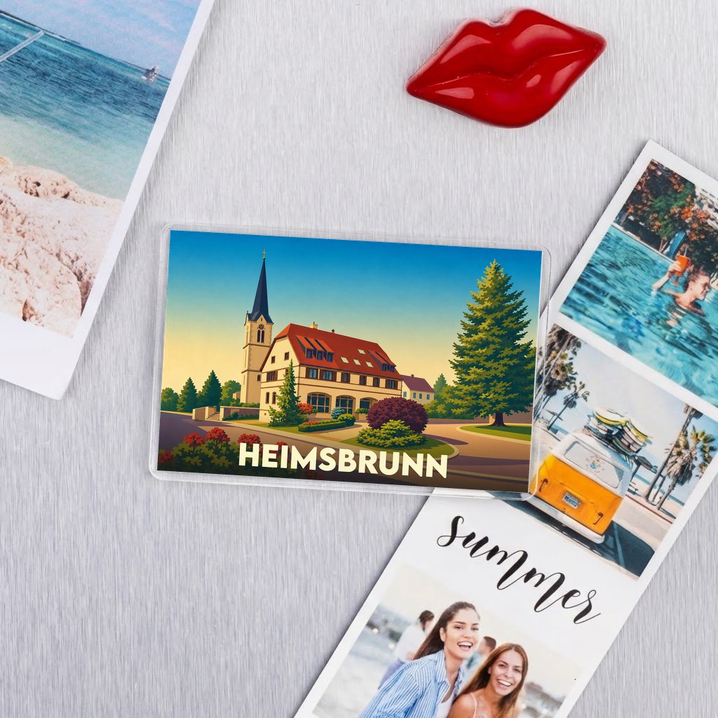 Magnat souvenir de la ville de Heimsbrunn avec une illustration stylisée d'un bâtiment traditionnel et de son église.