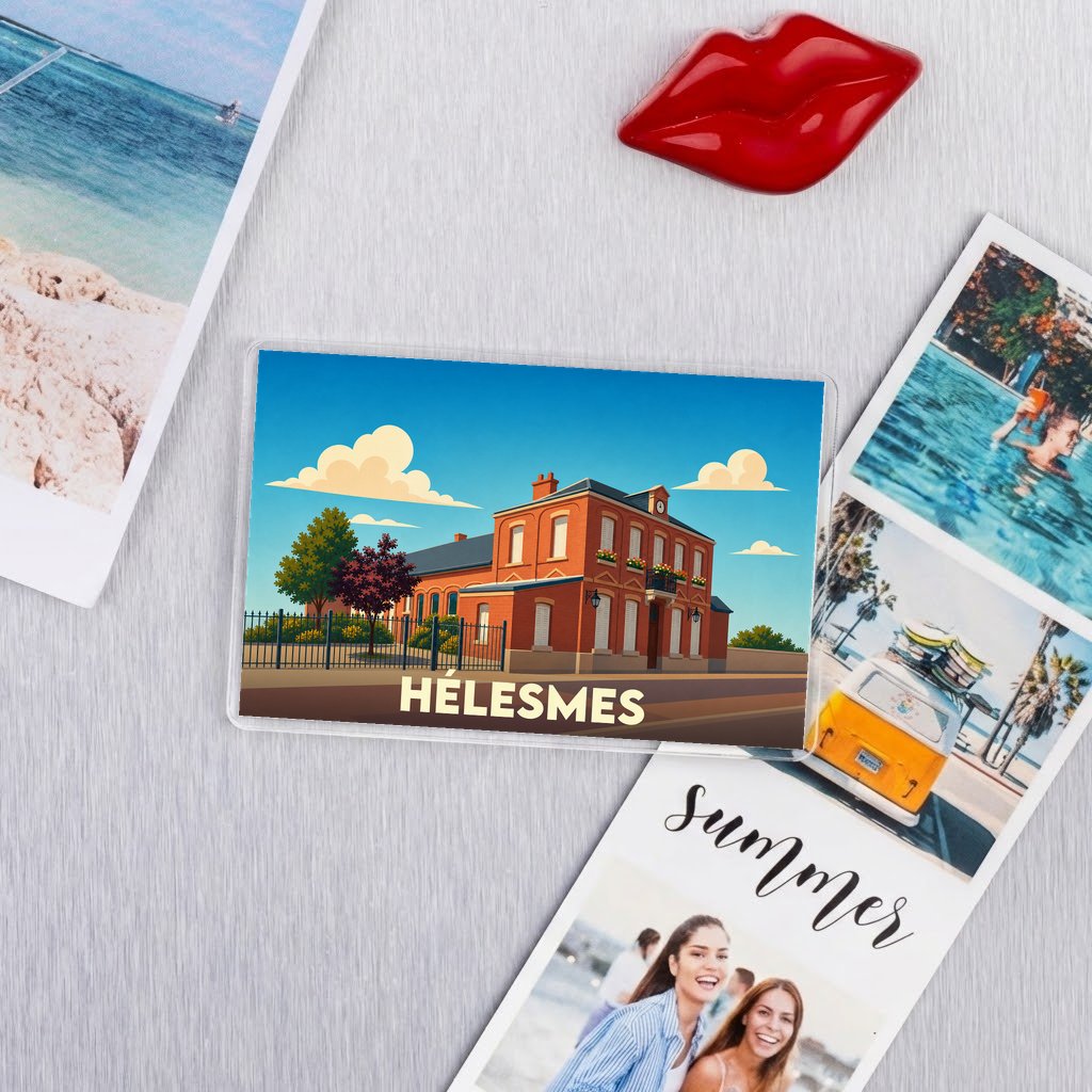 Magnet souvenir de la ville de Hélesmes avec une illustration stylisée de son hôtel de ville.
